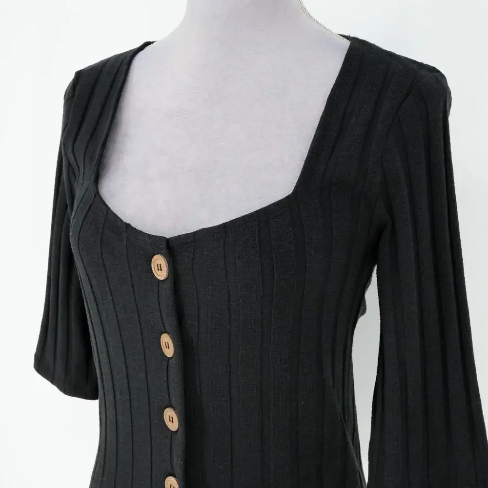 Free People Sweater Womens Medium Black Ribbed Knit Buttons Square Neck Y2K - Picture 8 of 15